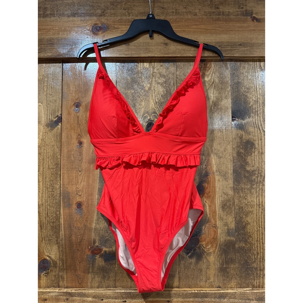 J.Crew Womens Red Ruffle V-Neck One-Piece Swimsuit Adjustable Straps Size 12